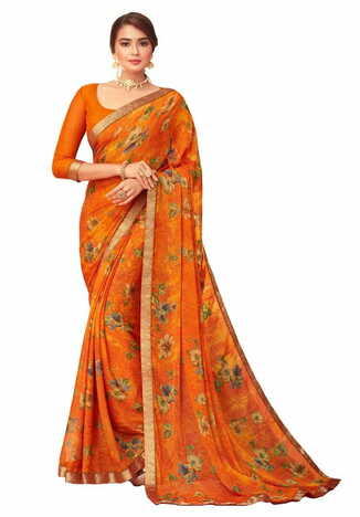 MGC Chiffon Orange colour saree with blouse piece SP884