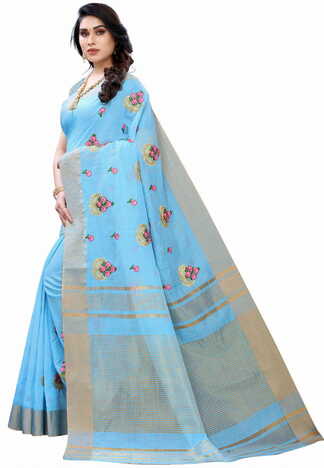 MGC Pure Linen Blue Colour saree with blouse piece SP359