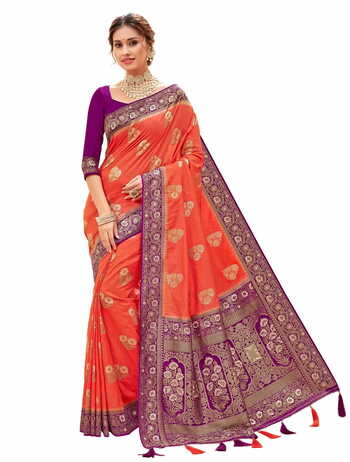 MGC Rolex Zari Silk  Peech Colour Saree With Blouse Piece Sp445