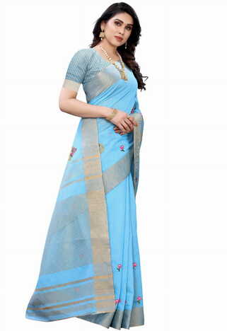 MGC Pure Linen Blue Colour saree with blouse piece SP359