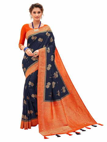 MGC Rolex Zari Silk  Navy Blue Colour Saree With Blouse Piece Sp446