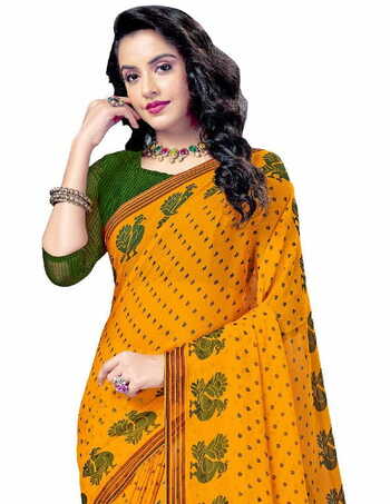 MGC Chiffon Yellow colour saree with blouse piece SP886