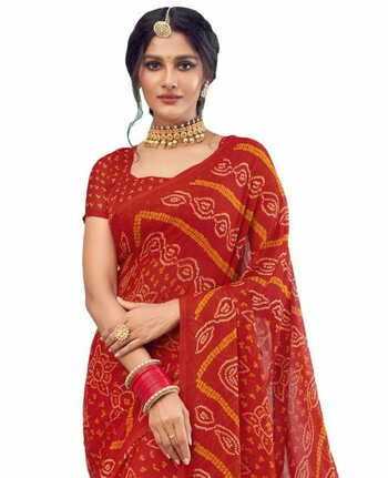 Chiffon Red Color Saree With Blouse Piece by MGC