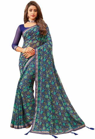 MGC Chiffon Blue colour saree with blouse piece SP936