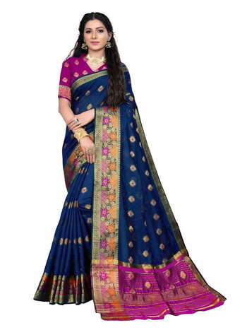 MGC Cotton Silk  Blue Colour Saree With Blouse Piece Sp468