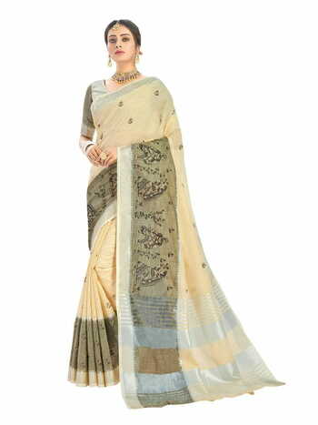 MGC Linen Cotton  With Elegant Evergreen Embroidery  Cream Colour Saree With Blouse Piece Sp456