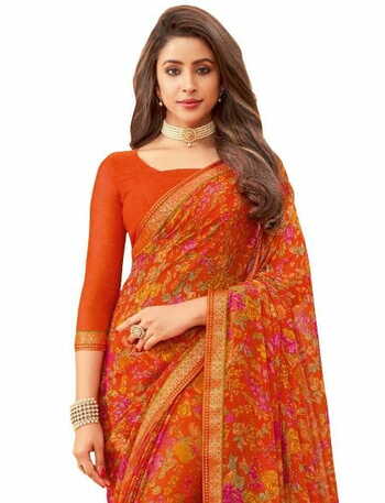 MGC Chiffon Orange colour saree with blouse piece SP933