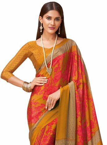 MGC Crepe Yellow Orange colour saree with blouse piece SP997