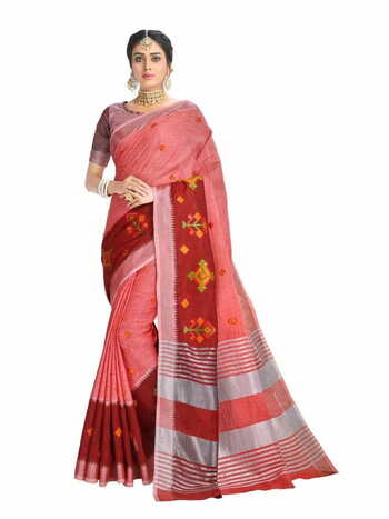 MGC Linen Cotton  With Elegant Evergreen Embroidery  Light Pink Colour Saree With Blouse Piece Sp453