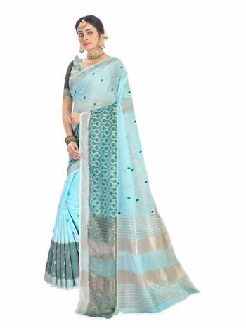 MGC Linen Cotton  With Elegant Evergreen Embroidery  Light Blue Colour Saree With Blouse Piece Sp454