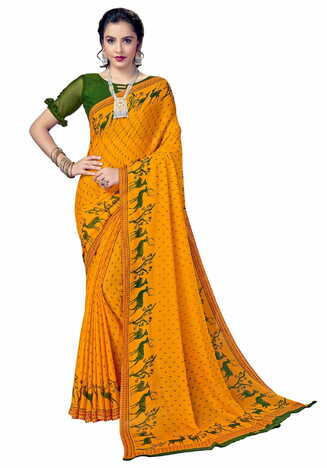 MGC Chiffon Yellow colour saree with blouse piece SP888