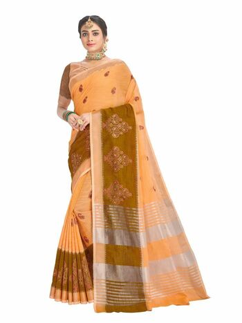 MGC Linen Cotton  With Elegant Evergreen Embroidery  Yellow Colour Saree With Blouse Piece Sp455