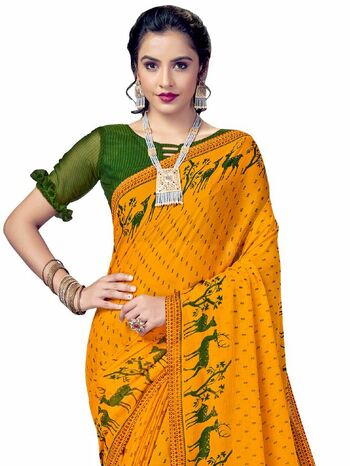 MGC Chiffon Yellow colour saree with blouse piece SP888