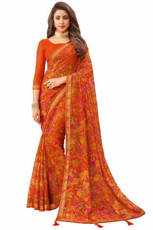 MGC Chiffon Orange colour saree with blouse piece SP933