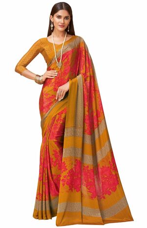 MGC Crepe Yellow Orange colour saree with blouse piece SP997