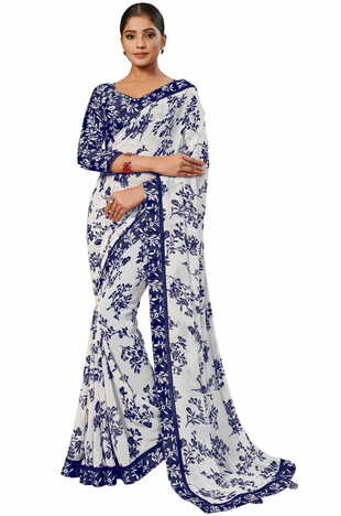 MGC Georgette White and Blue Colour saree with blouse piece SP296