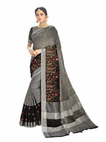 MGC Linen Cotton  With Elegant Evergreen Embroidery  Grey Colour Saree With Blouse Piece Sp457