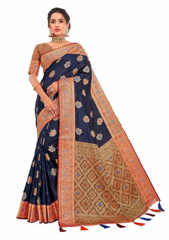 MGC Designer Silk  Navy Blue Colour Saree With Blouse Piece Sp459