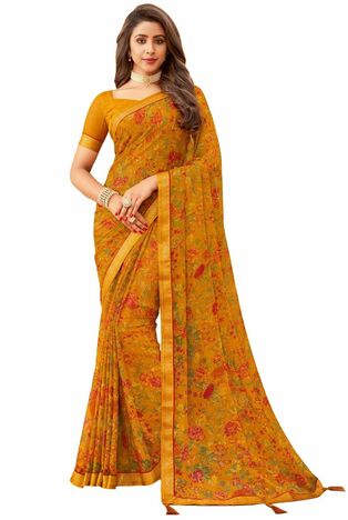 MGC Chiffon Yellow colour saree with blouse piece SP934