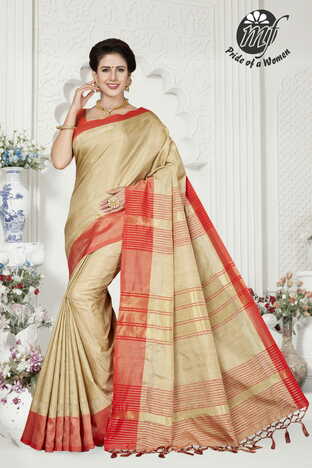 MGC Chickoo And Red Color Linen  Saree With Blouse Sp200