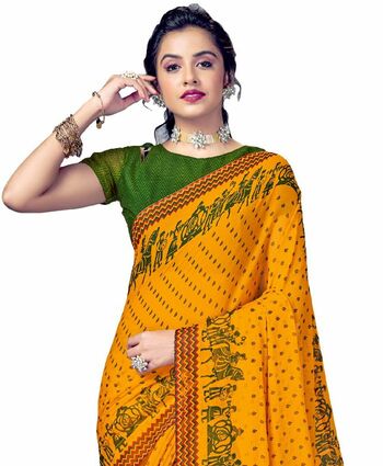 MGC Chiffon Yellow colour saree with blouse piece SP892