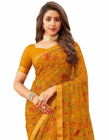 MGC Chiffon Yellow colour saree with blouse piece SP934