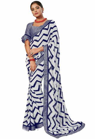 MGC Georgette White and Blue Colour saree with blouse piece SP300