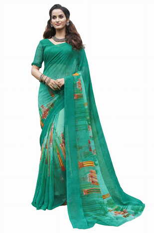 MGC Georgette Green Colour saree with blouse Piece  SP201