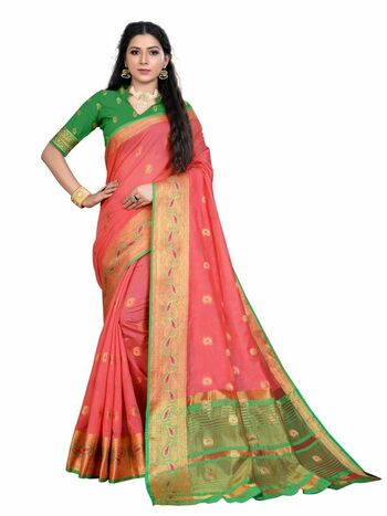 MGC Cotton Silk  Peach Colour Saree With Blouse Piece Sp464