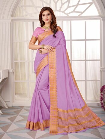 MGC Fancy Cotton Silk With Zari Border Lavender Colour Saree With Blouse Piece Sp482