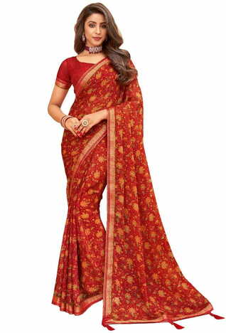 MGC Chiffon Red colour saree with blouse piece SP940