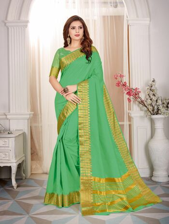 MGC Fancy Cotton Silk With Zari Border Green Colour Saree With Blouse Piece Sp484