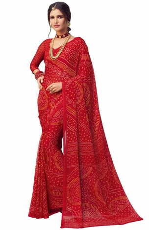 Chiffon Red Color Saree With Blouse Piece by MGC
