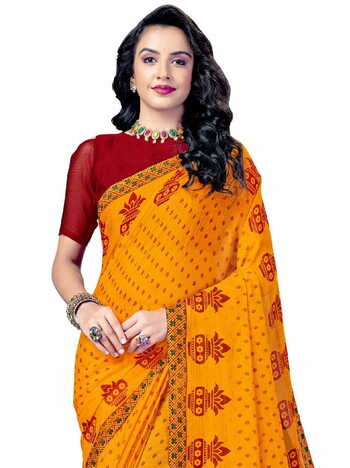 MGC Chiffon Yellow colour saree with blouse piece SP895