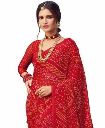 Chiffon Red Color Saree With Blouse Piece by MGC
