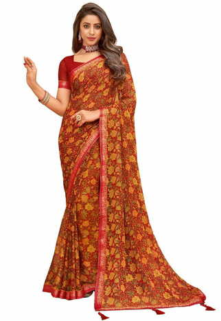 MGC Chiffon Red colour saree with blouse piece SP938