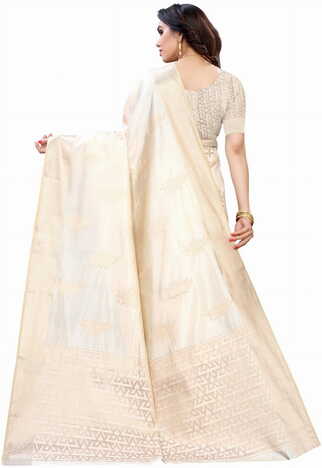 MGC Raw Silk Cream colour saree with blouse piece SP686