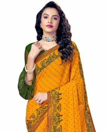 MGC Chiffon Yellow colour saree with blouse piece SP890