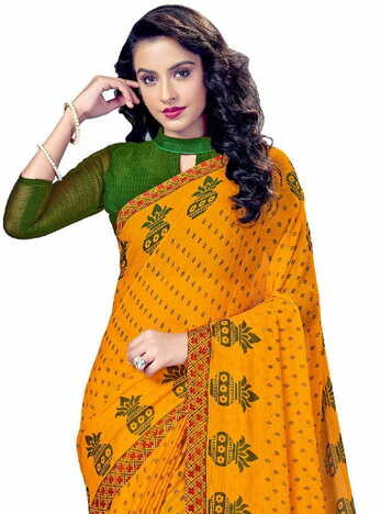 MGC Chiffon Yellow colour saree with blouse piece SP896