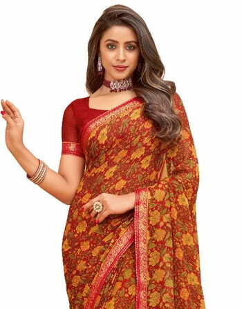 MGC Chiffon Red colour saree with blouse piece SP938