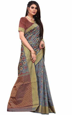 MGC  Silk Jacquard Grey colour saree with blouse piece SP630