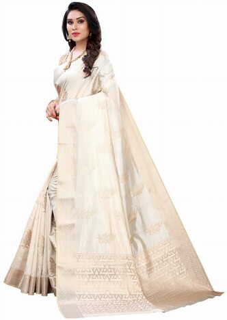 MGC Raw Silk Cream colour saree with blouse piece SP686