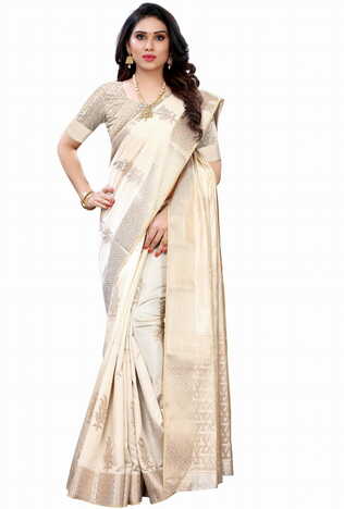 MGC Raw Silk Cream colour saree with blouse piece SP686