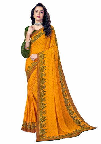 MGC Chiffon Yellow colour saree with blouse piece SP890