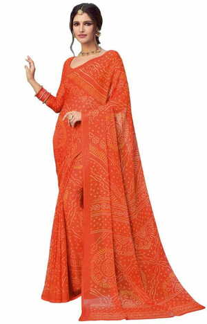 Chiffon Orange Color Saree With Blouse Piece by MGC