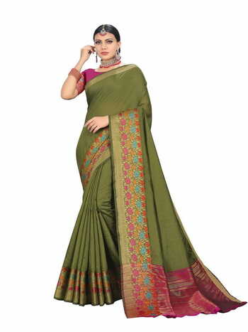 MGC Cotton Silk  Green Colour Saree With Blouse Piece Sp481