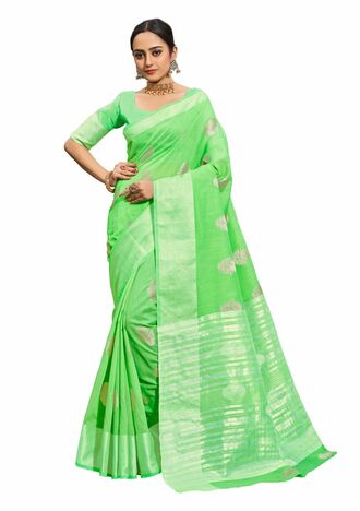 MGC Linen  With Silver Zari  Parrot Green Colour Saree With Blouse Piece Sp498