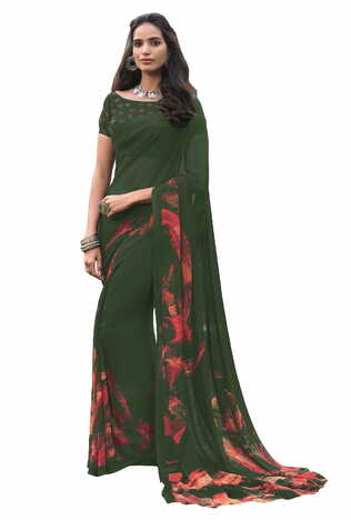 MGC Georgette Green Colour saree with blouse Piece  SP211