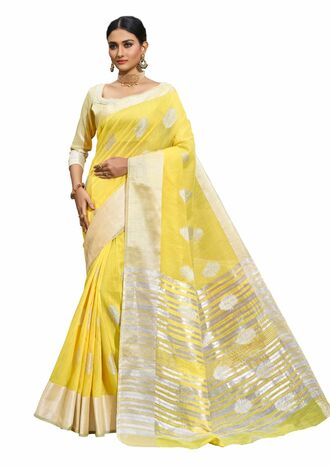 MGC Linen  With Silver Zari  Yellow Colour Saree With Blouse Piece Sp499