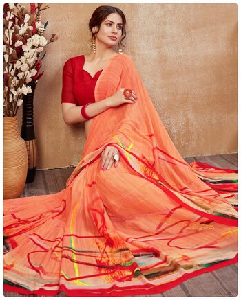 MGC Georgette Peach Colour saree with blouse piece SP322